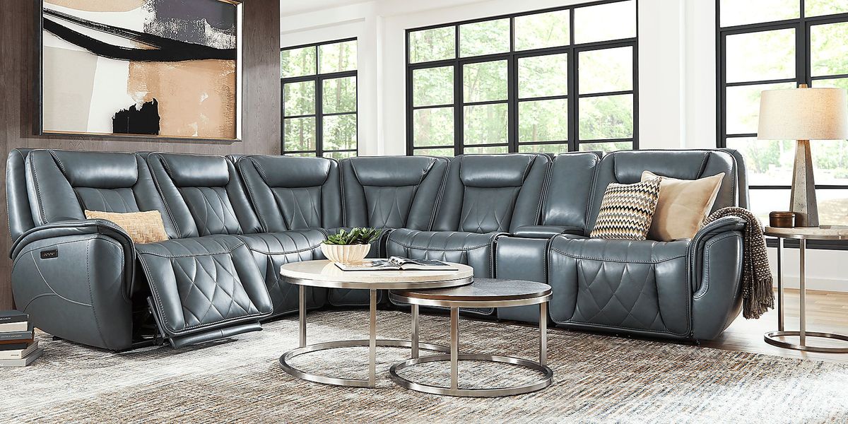 Dalton Blue Leather 9 Pc Triple Power Reclining Sectional Living Room