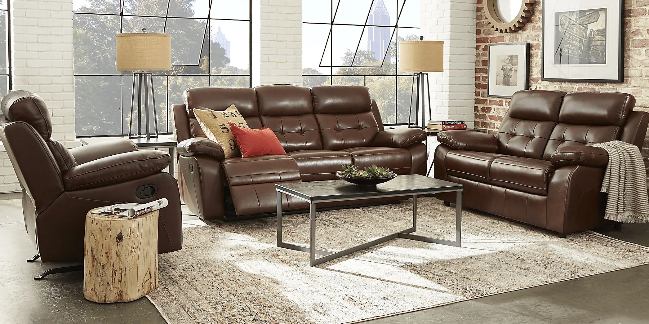 Antonin Brown Leather 3 Pc Living Room