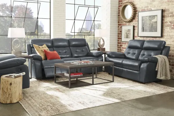 Antonin Blue Leather 3 Pc Living Room with Reclining Sofa