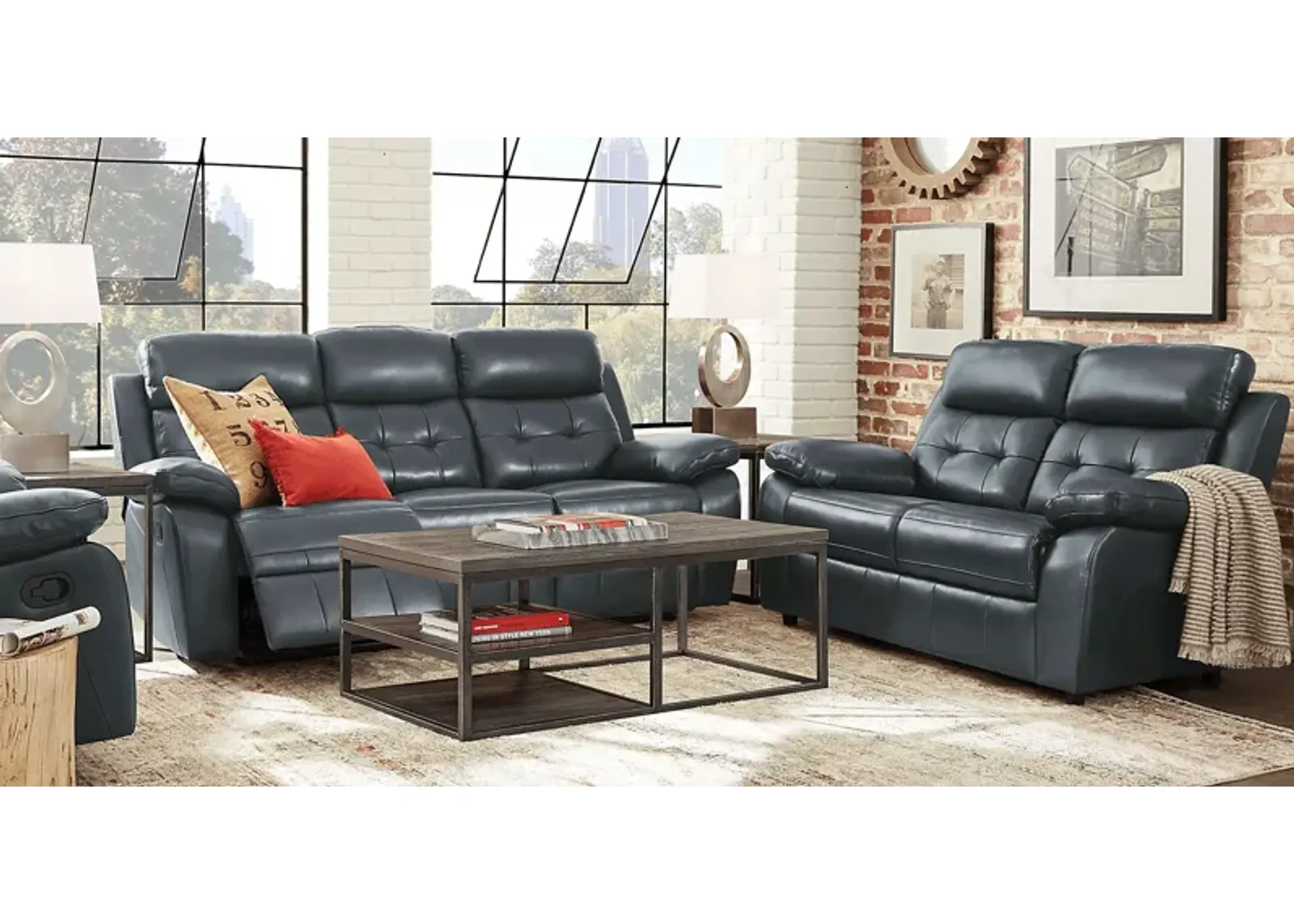 Antonin Blue Leather 3 Pc Living Room with Reclining Sofa