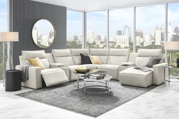 Light Gray Leather 7 Pc Dual Power Reclining ModularTwo with Media Consoles