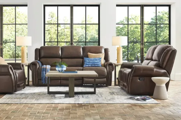 Churchill Brown Leather 3 Pc Living Room with Dual Power Reclining Sofa