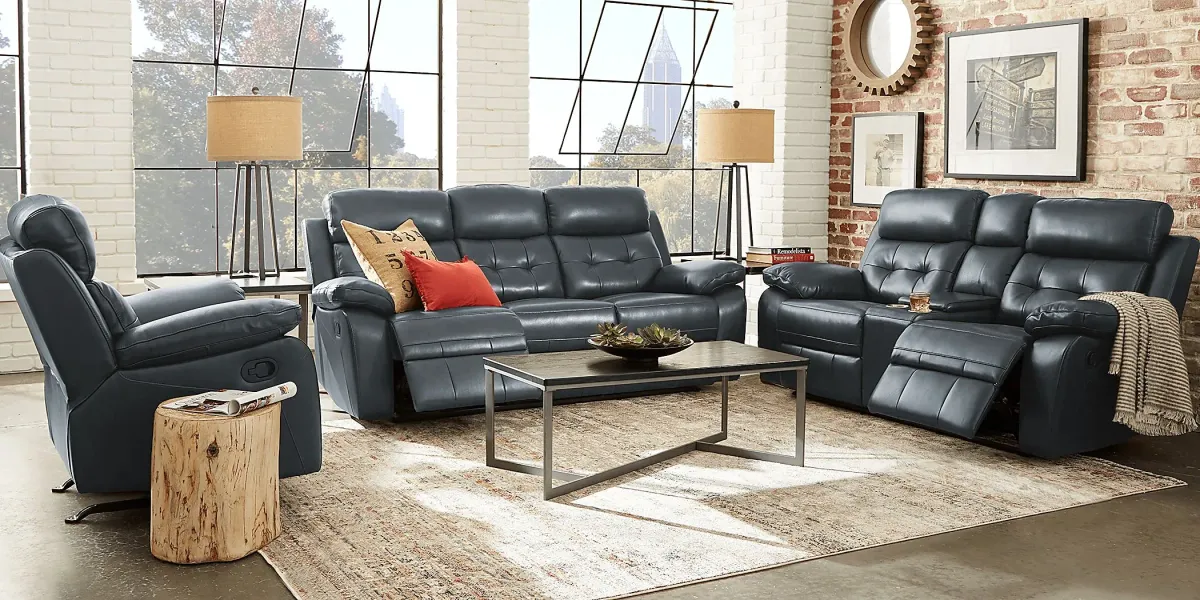 Antonin Blue Leather 3 Pc Reclining Living Room