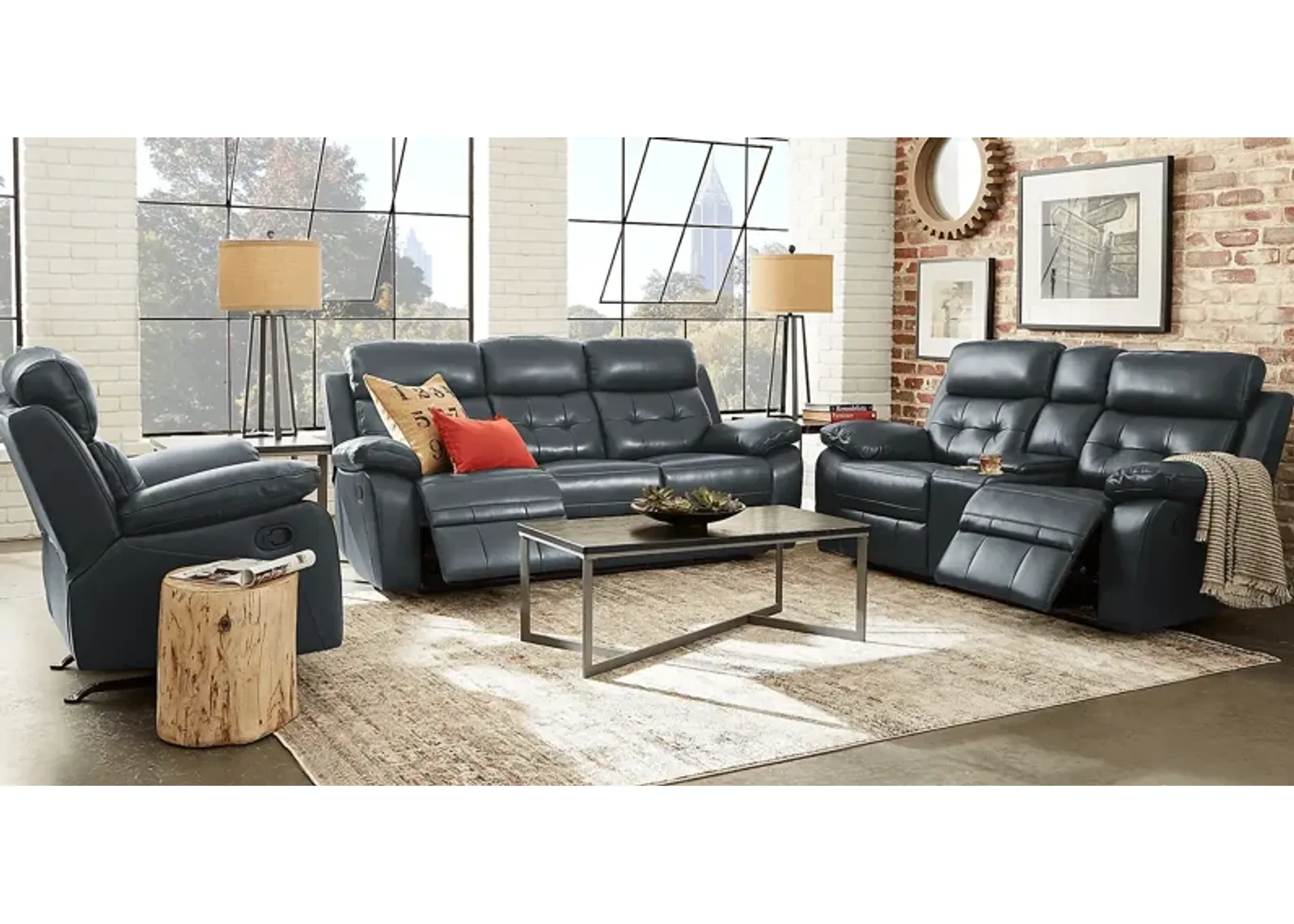 Antonin Blue Leather 3 Pc Reclining Living Room