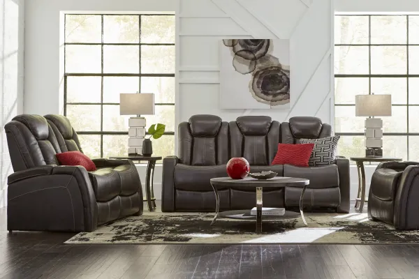 Moretti Brown Leather 8 Pc Living Room with Dual Power Reclining Sofa