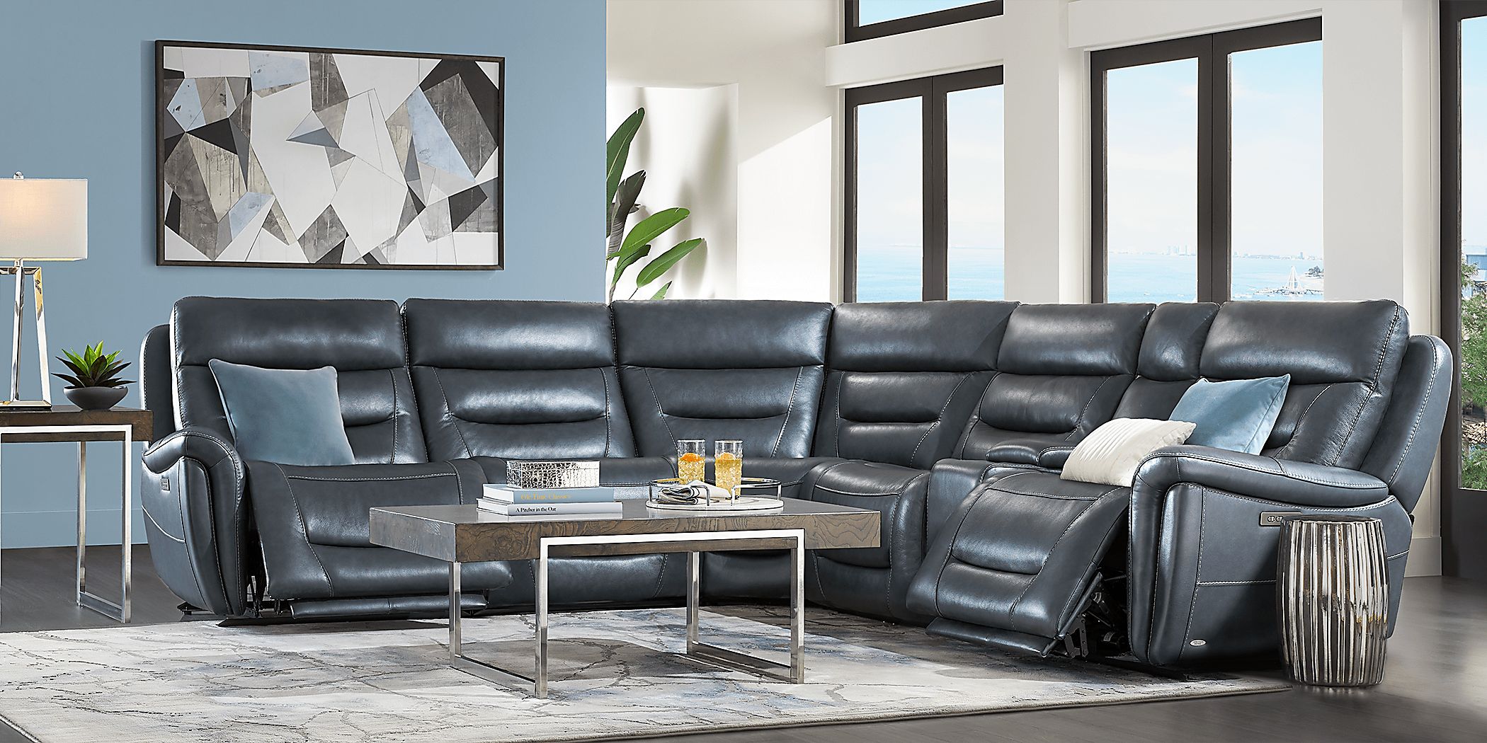 Regis Park Midnight Leather 8 Pc Dual Power Reclining Sectional Living Room