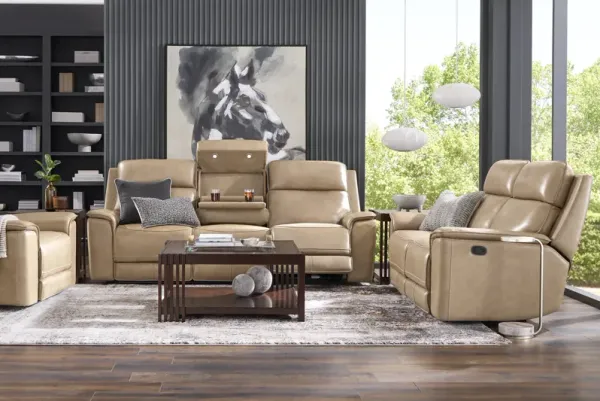Magellan Sand 2 Pc Leather Living Room with Dual Power Reclining Sofa
