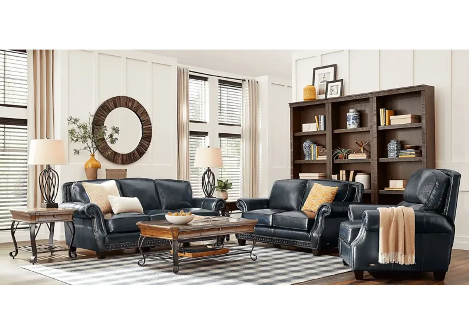 Calvano Blue Leather 3 Pc Living Room