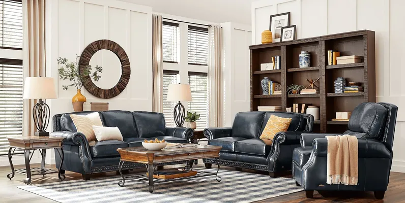 Calvano Blue Leather 3 Pc Living Room