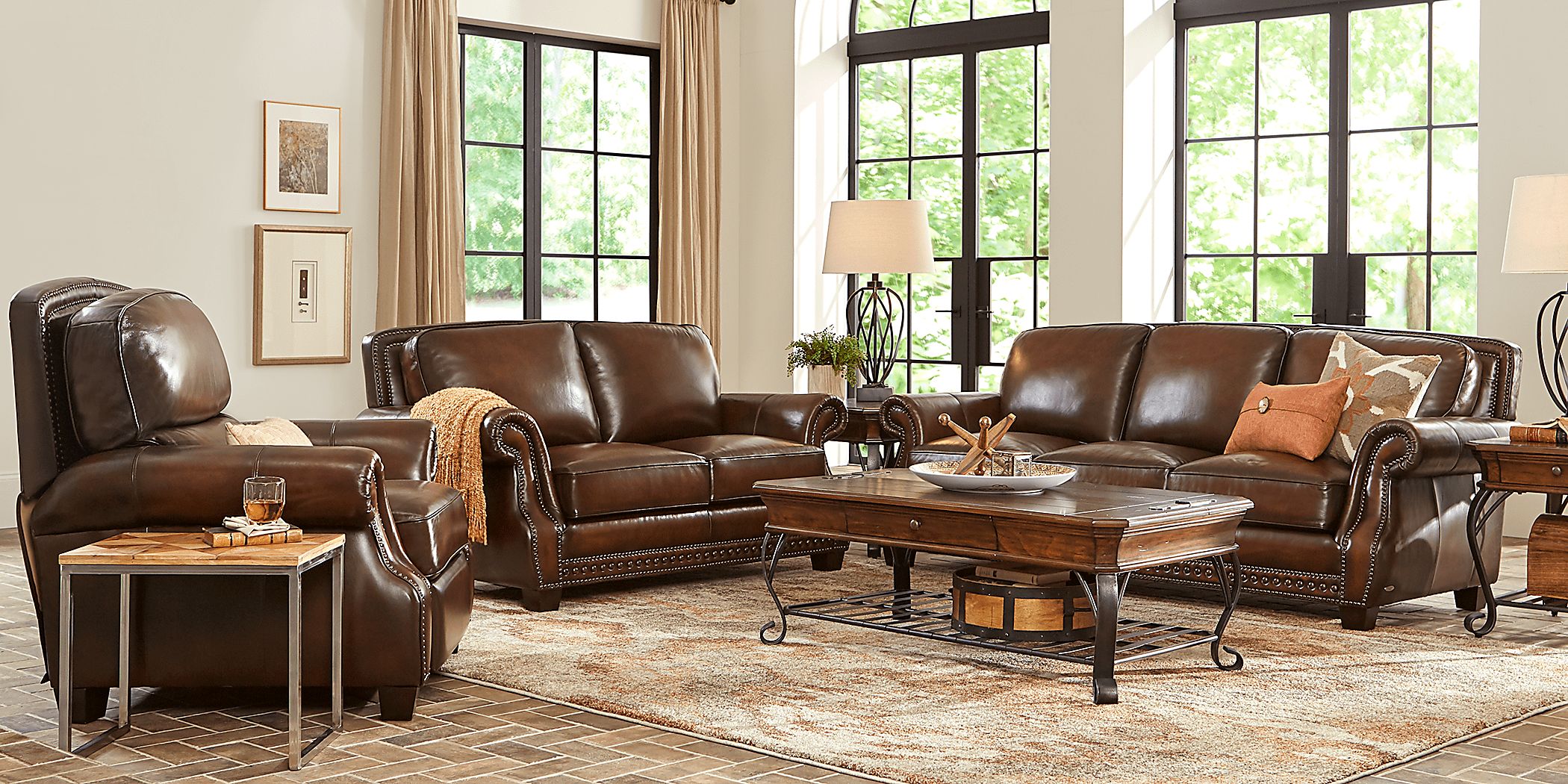 Cindy Crawford Home Calvano Brown Leather 3 Pc Living Room