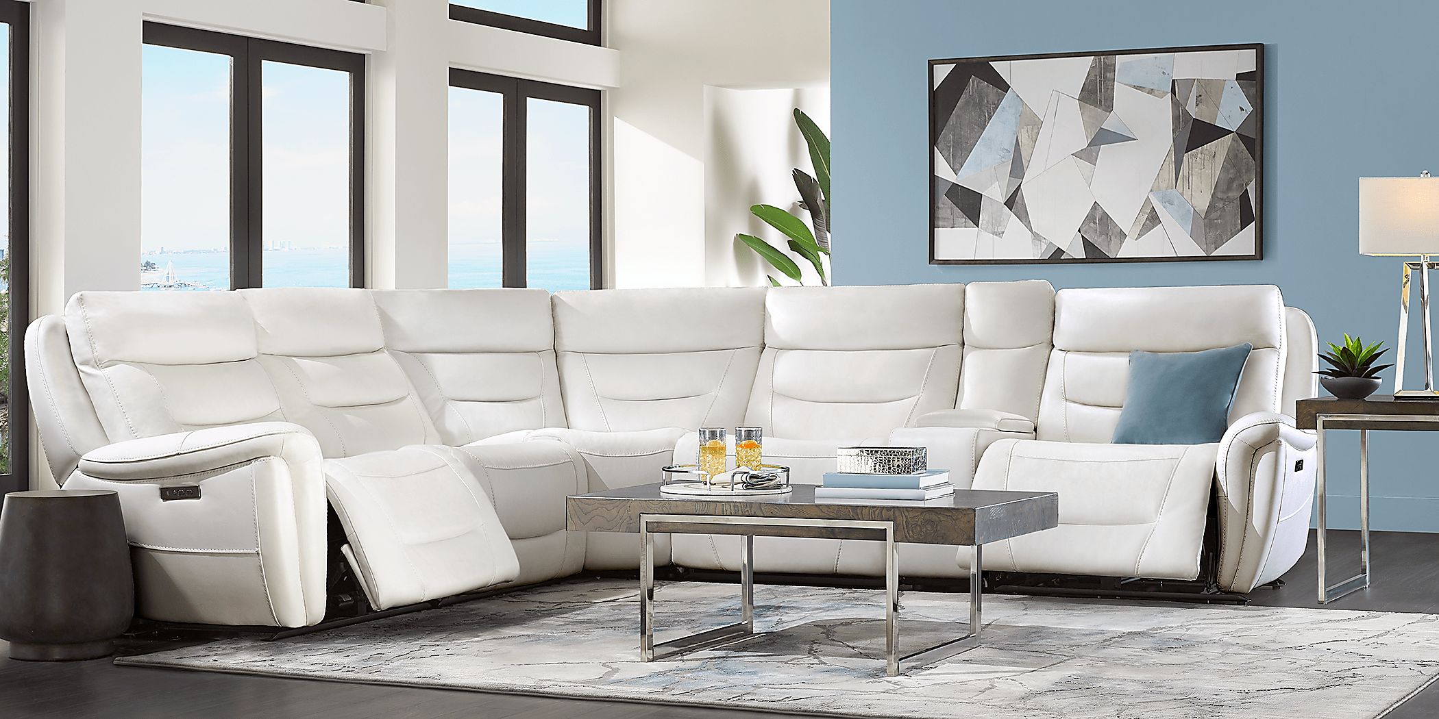 Regis Park White Leather 9 Pc Dual Power Reclining Sectional Living Room
