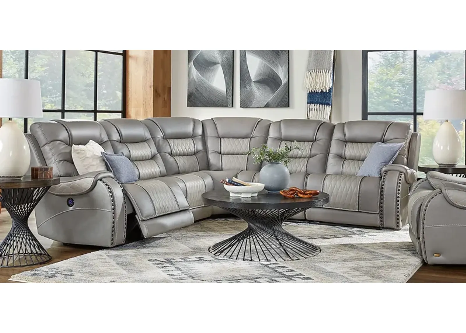 Headliner Gray Leather 8 Pc Dual Power Reclining Sectional Living Room