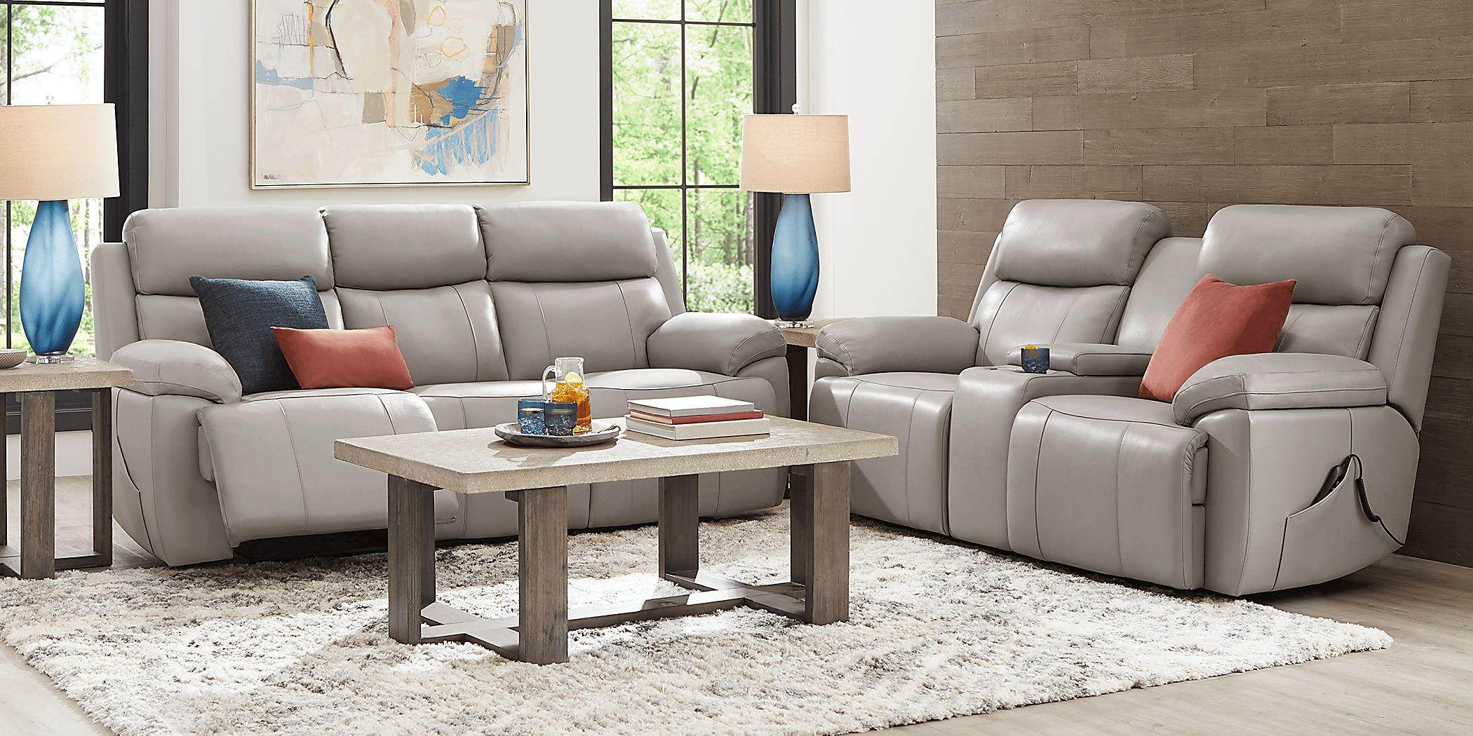 Barolo Dove Leather 5 Pc Triple Power Reclining Living Room with Massage and Heat