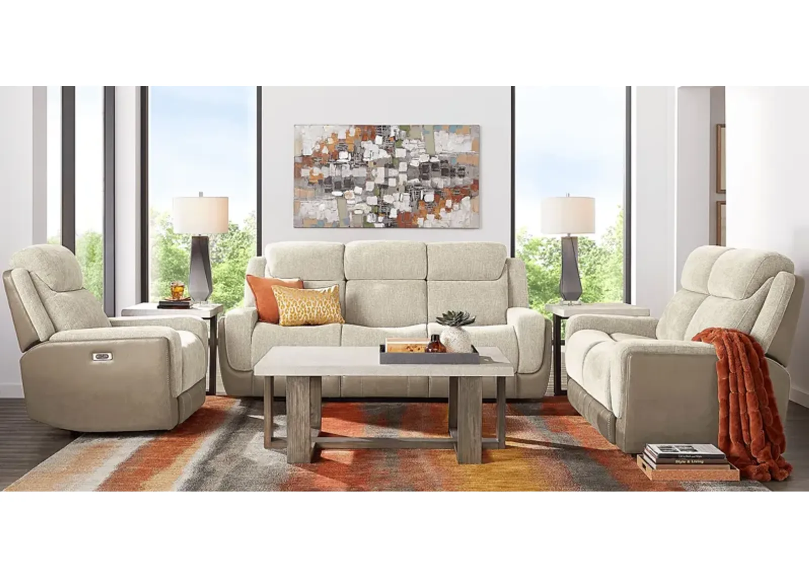 State Street Beige 7 Pc Living Room with Dual Power Reclining Sofa