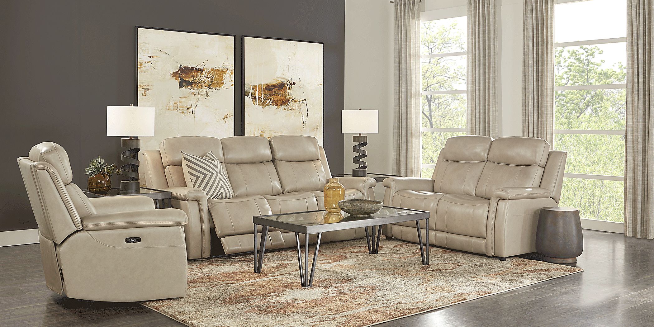 Orsini Beige Leather 7 Pc Living Room with Dual Power Reclining Sofa