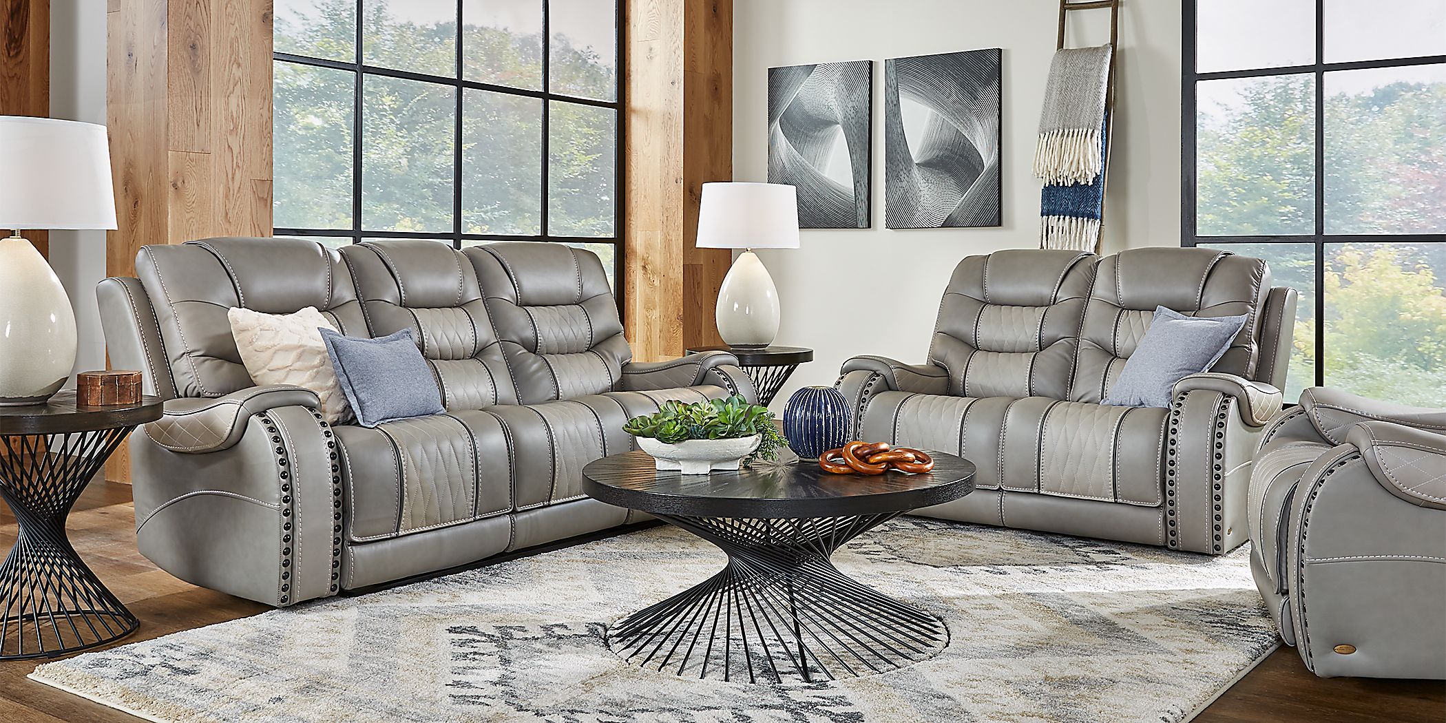 Headliner Gray Leather 3 Pc Living Room with Reclining Sofa