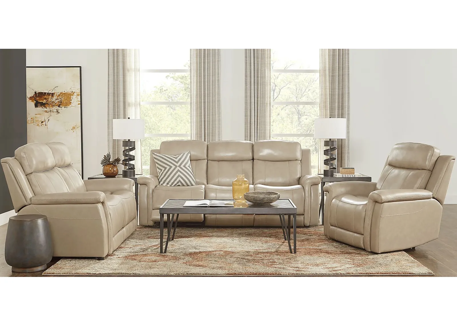 Orsini Beige Leather 8 Pc Living Room with Dual Power Reclining Sofa