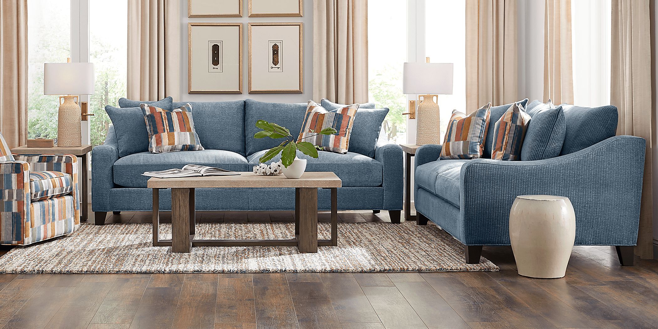 Cambria Blue 7 Pc Living Room with Sleeper Sofa