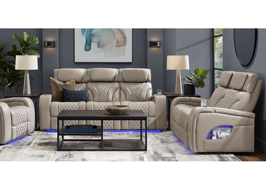 Horizon Ridge Beige Leather 7 Pc Living Room with Triple Power Reclining Sofa