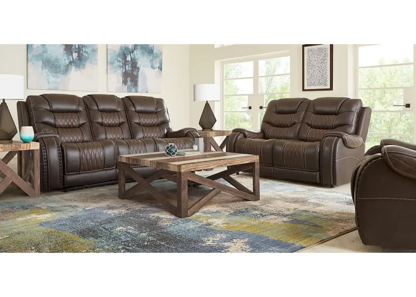 Headliner Brown Leather 7 Pc Living Room with Reclining Sofa