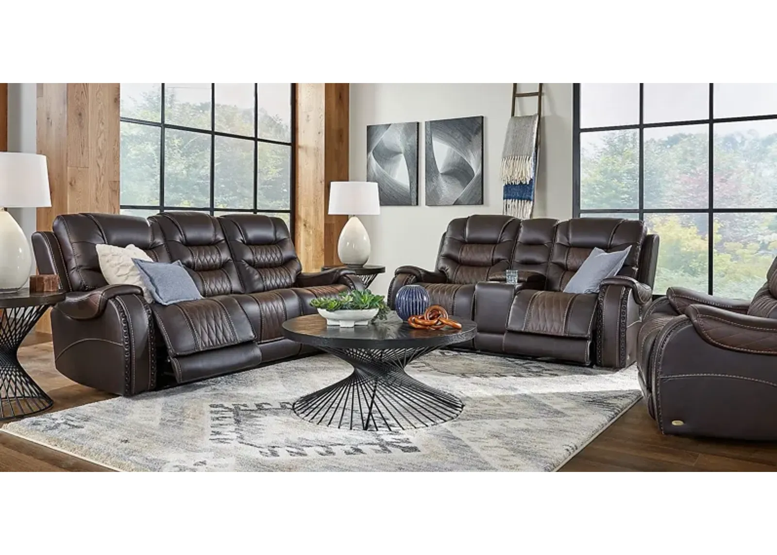 Headliner Brown Leather 5 Pc Dual Power Reclining Living Room