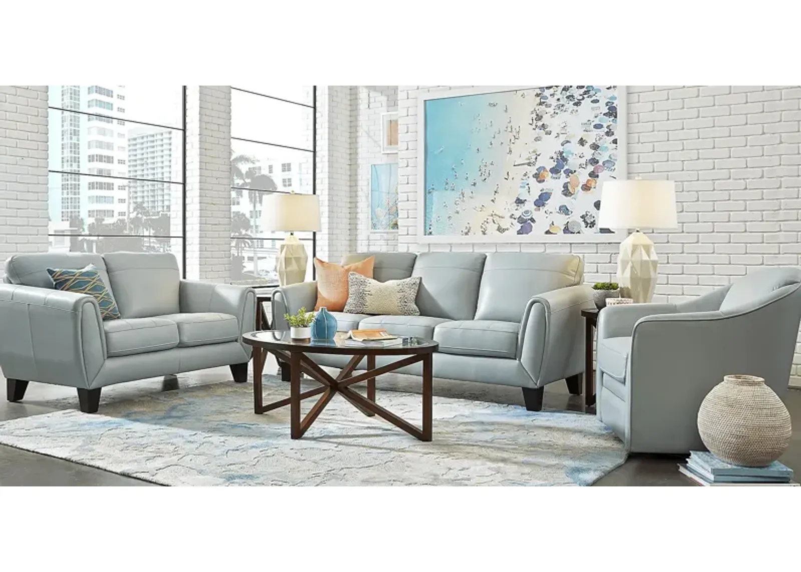 Livorno Lane Aqua Leather 8 Pc Living Room