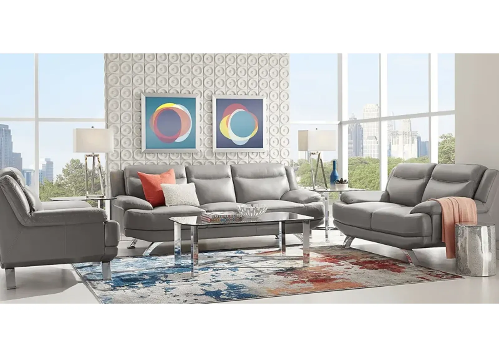 Zamora Gray Leather 3 Pc Living Room