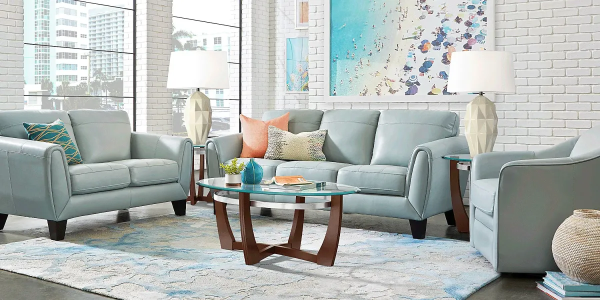 Livorno Lane Aqua Leather 6 Pc Living Room