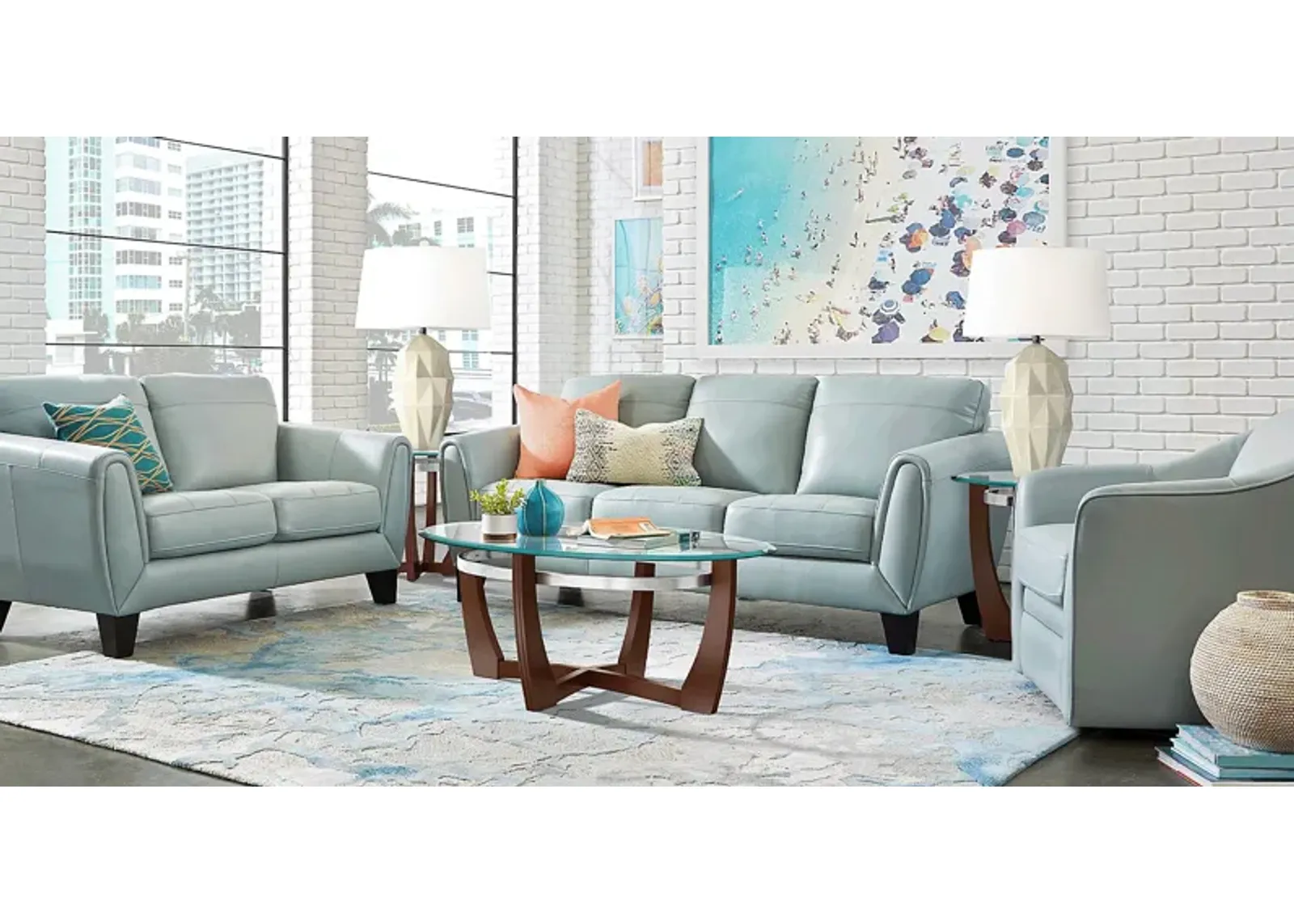 Livorno Lane Aqua Leather 6 Pc Living Room