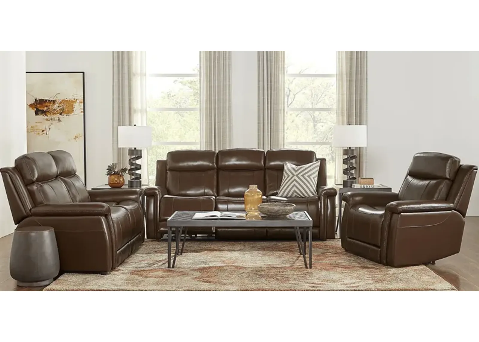 Orsini Brown Leather 5 Pc Living Room with Dual Power Reclining Sofa