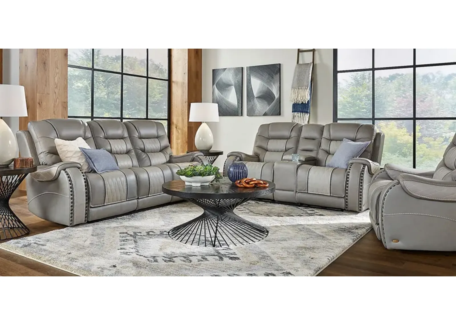 Headliner Gray Leather 8 Pc Dual Power Reclining Living Room