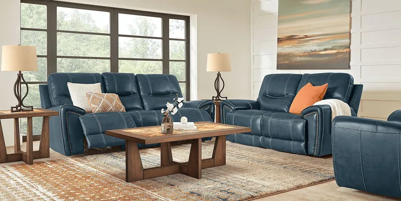Italo Blue Leather 5 Pc Living Room with Reclining Sofa