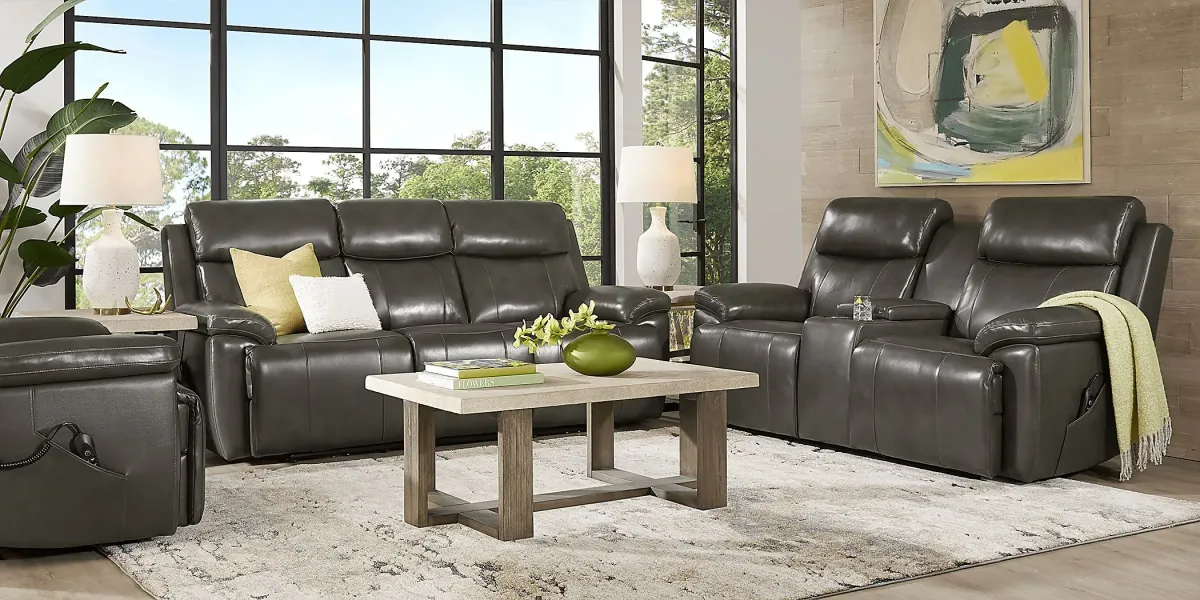 Barolo Dark Gray Leather 6 Pc Triple Power Reclining Living Room with Massage and Heat