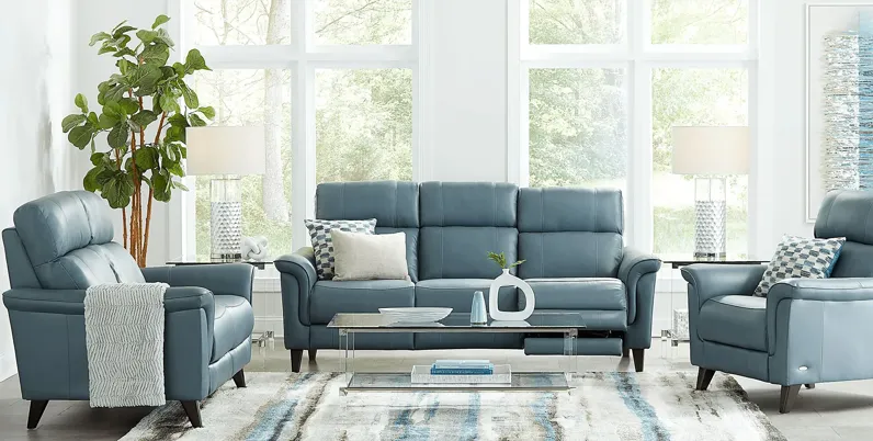 Avezzano Blue Leather 3 Pc Living Room with Dual Power Reclining Sofa