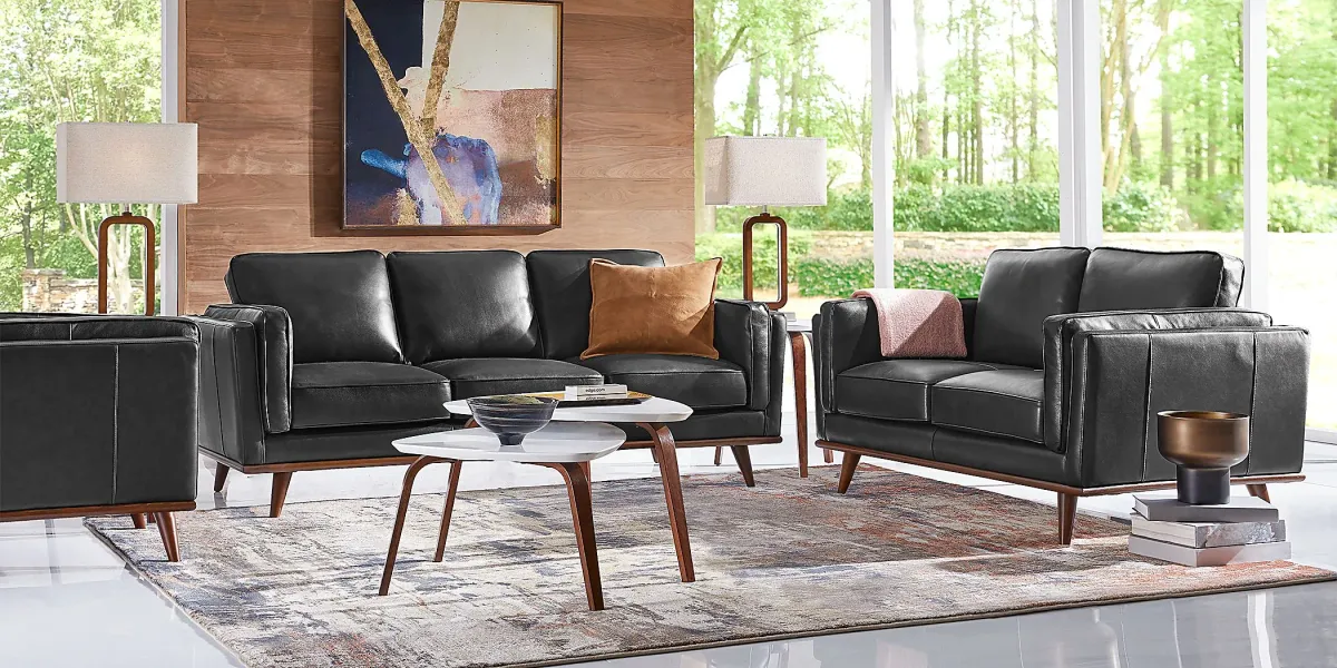 Cassina Court Black Leather 5 Pc Living Room