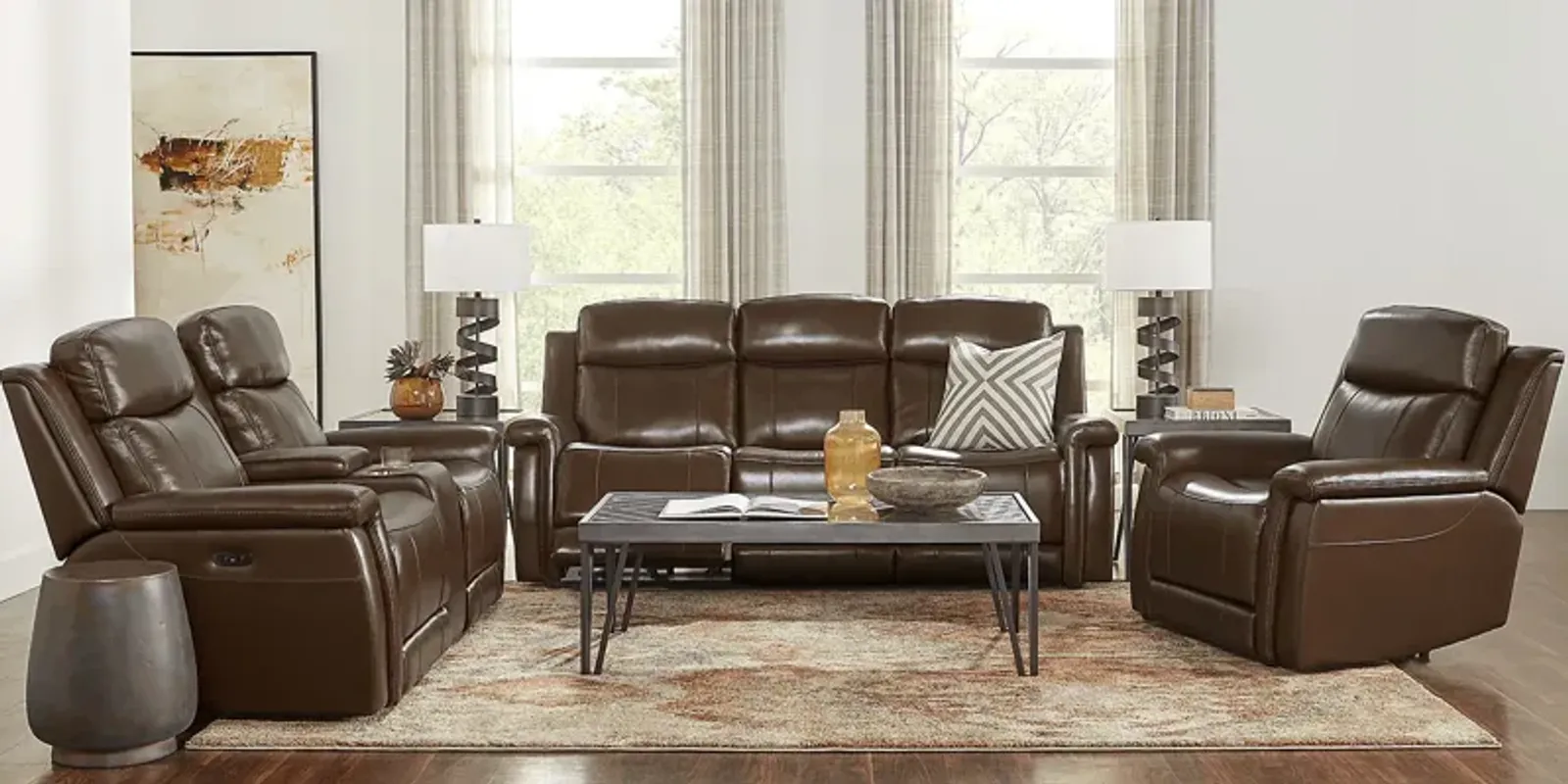 Orsini Brown Leather 5 Pc Dual Power Reclining Living Room