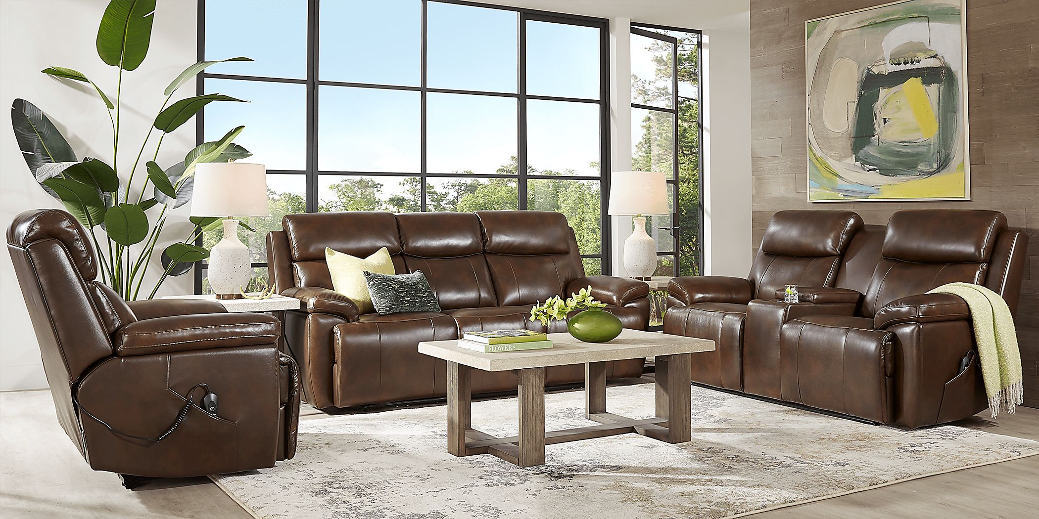 Barolo Brown Leather 7 Pc Triple Power Reclining Living Room with Massage and Heat