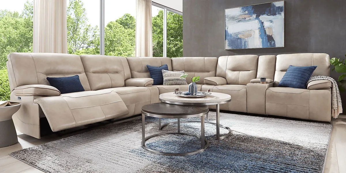 Caletta Way Beige Leather 3 Pc Dual Power Reclining Sectional