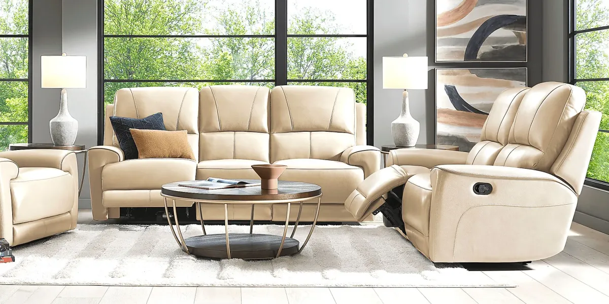 Fremont Almond Leather 5 Pc Reclining Living Room with Dual Power Reclining Sofa