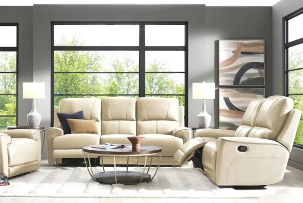 Fremont Almond Leather 5 Pc Reclining Living Room with Dual Power Reclining Sofa