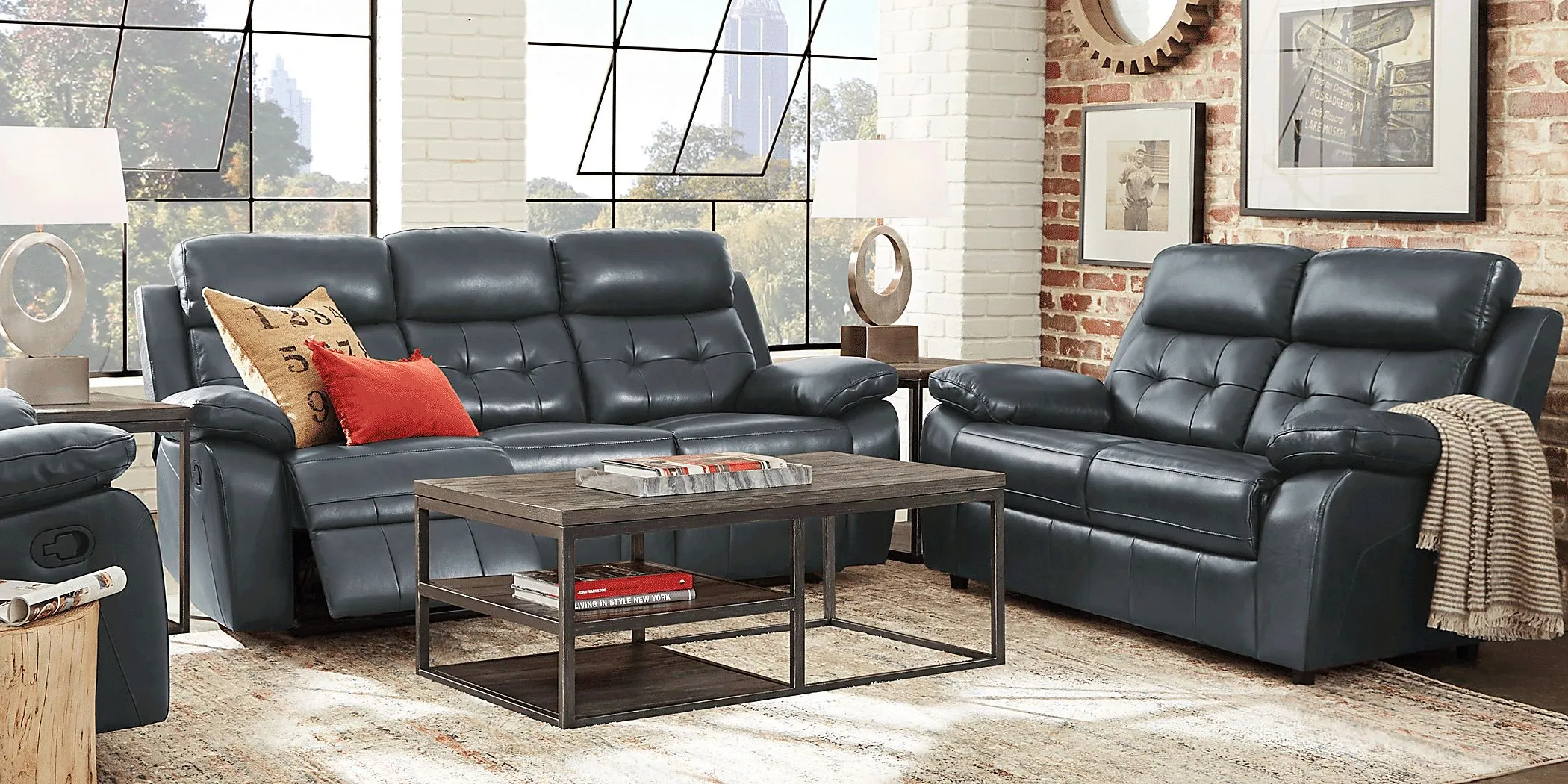 Antonin Blue Leather Reclining Sofa