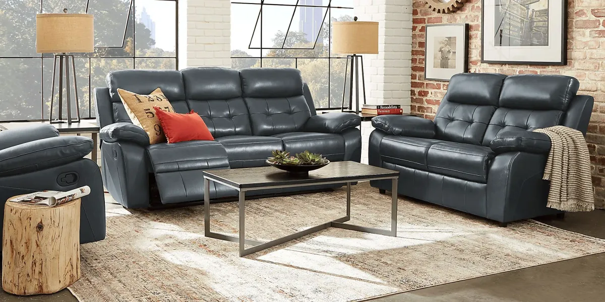 Antonin Blue Leather 2 Pc Living Room with Reclining Sofa