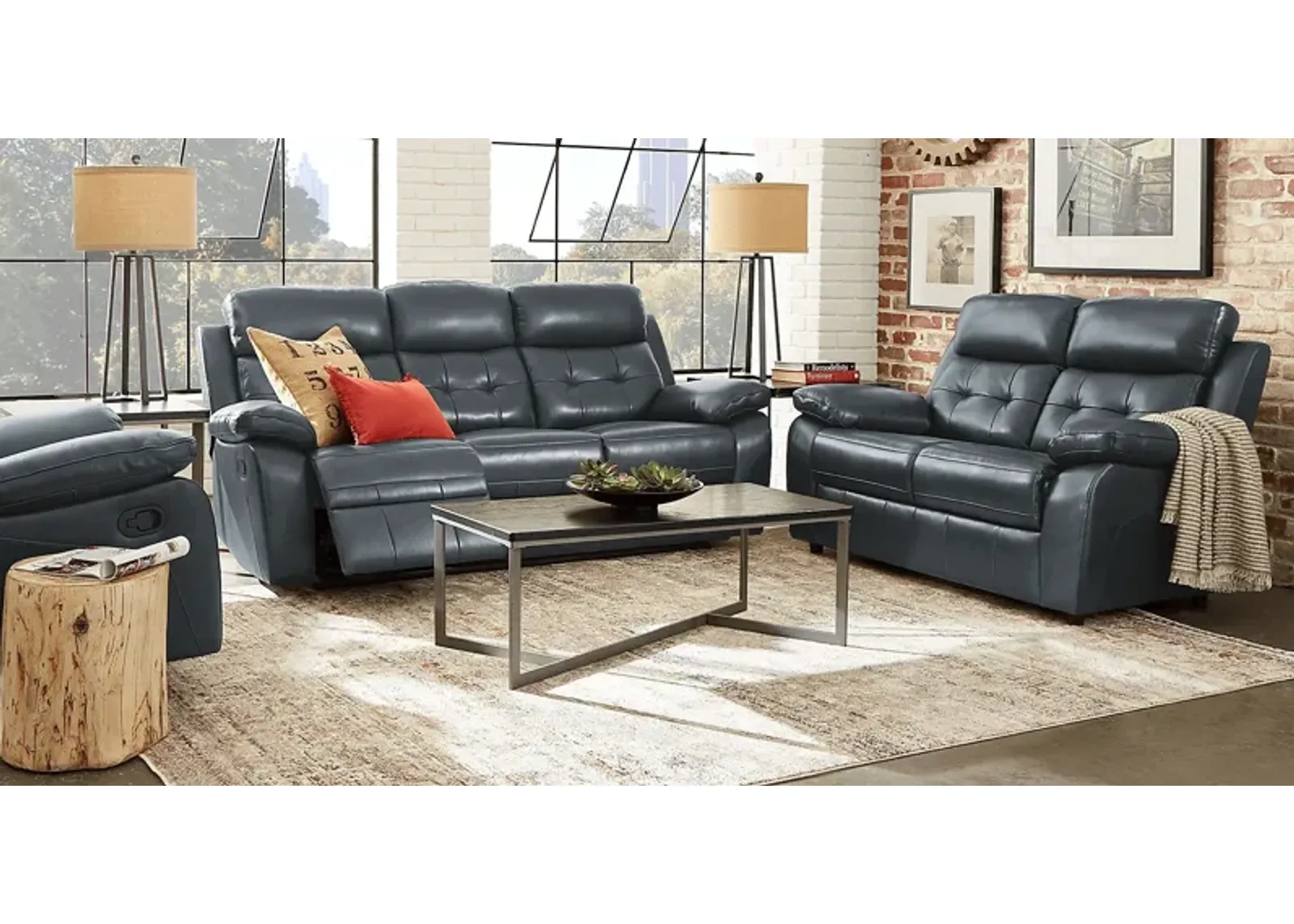 Antonin Blue Leather 2 Pc Living Room with Reclining Sofa