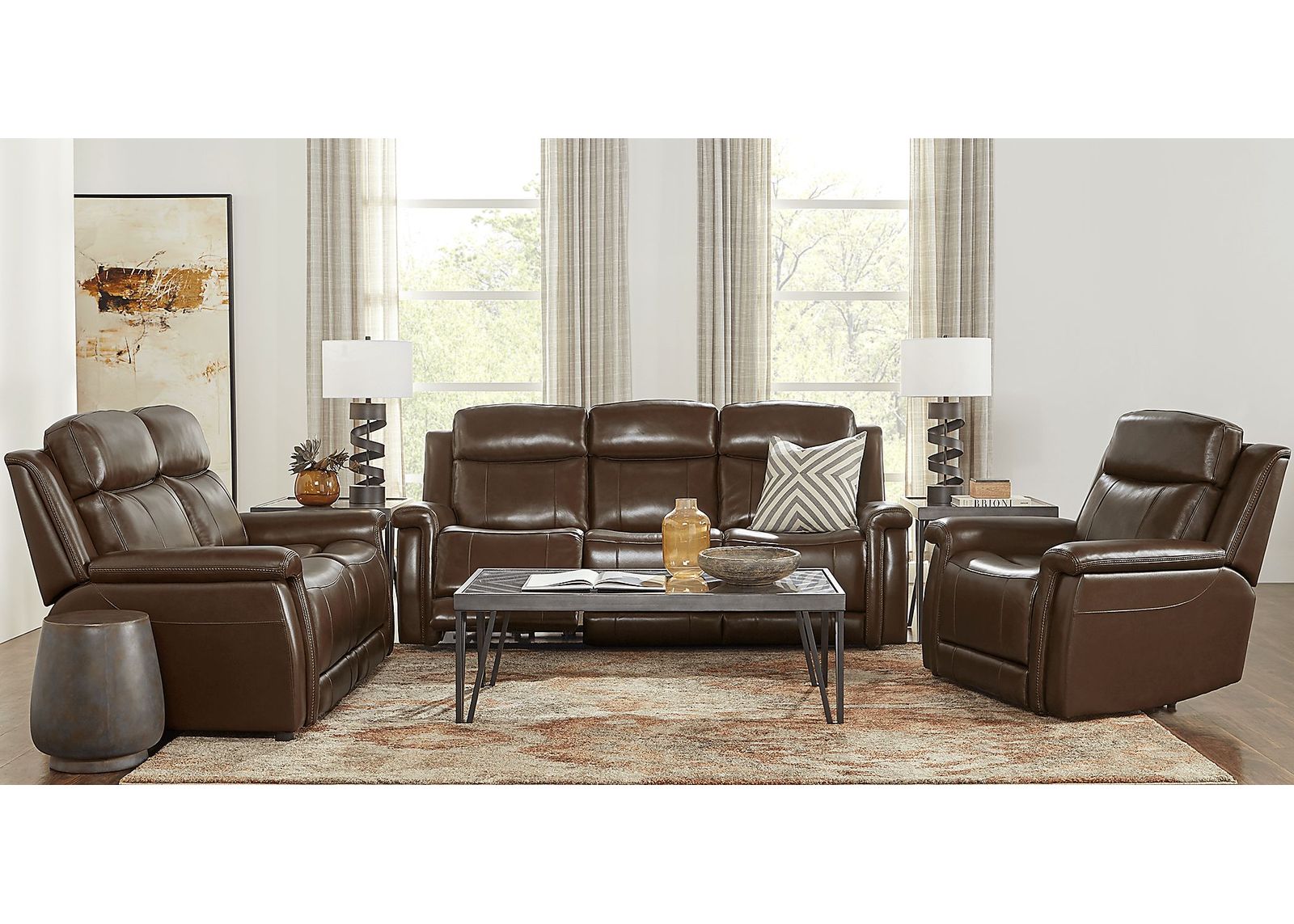 Orsini Brown Leather 7 Pc Living Room with Dual Power Reclining Sofa