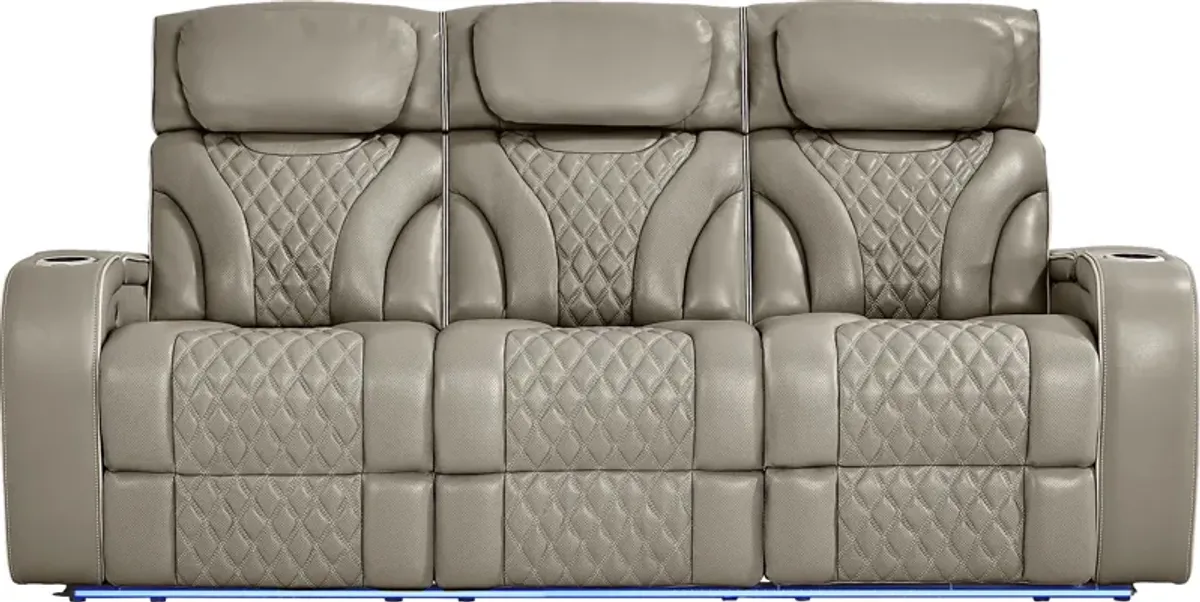 Horizon Ridge Beige Leather Triple Power Reclining Sofa with Massage and Heat