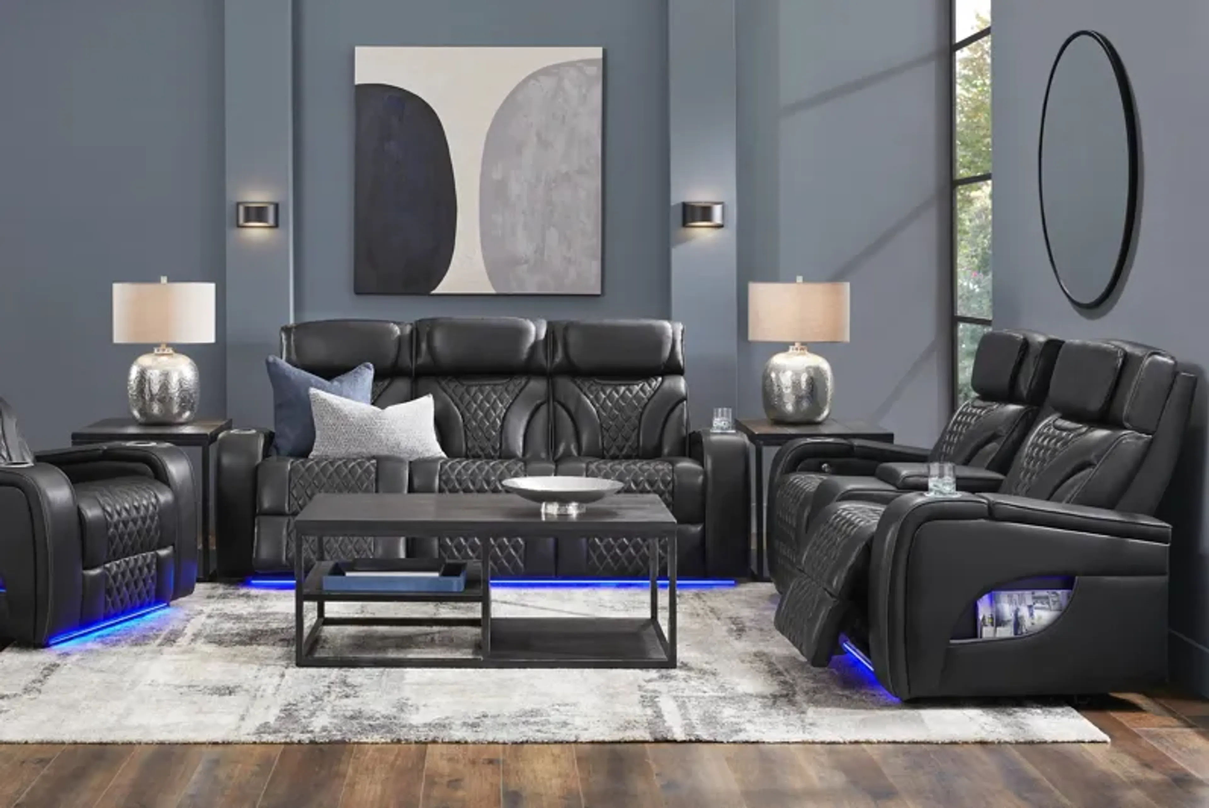 Horizon Ridge Black Leather Triple Power Reclining Sofa With