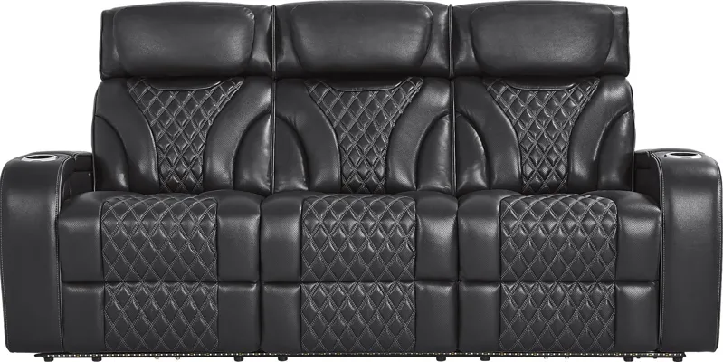 Horizon Ridge Black Leather Triple Power Reclining Sofa with Massage and Heat