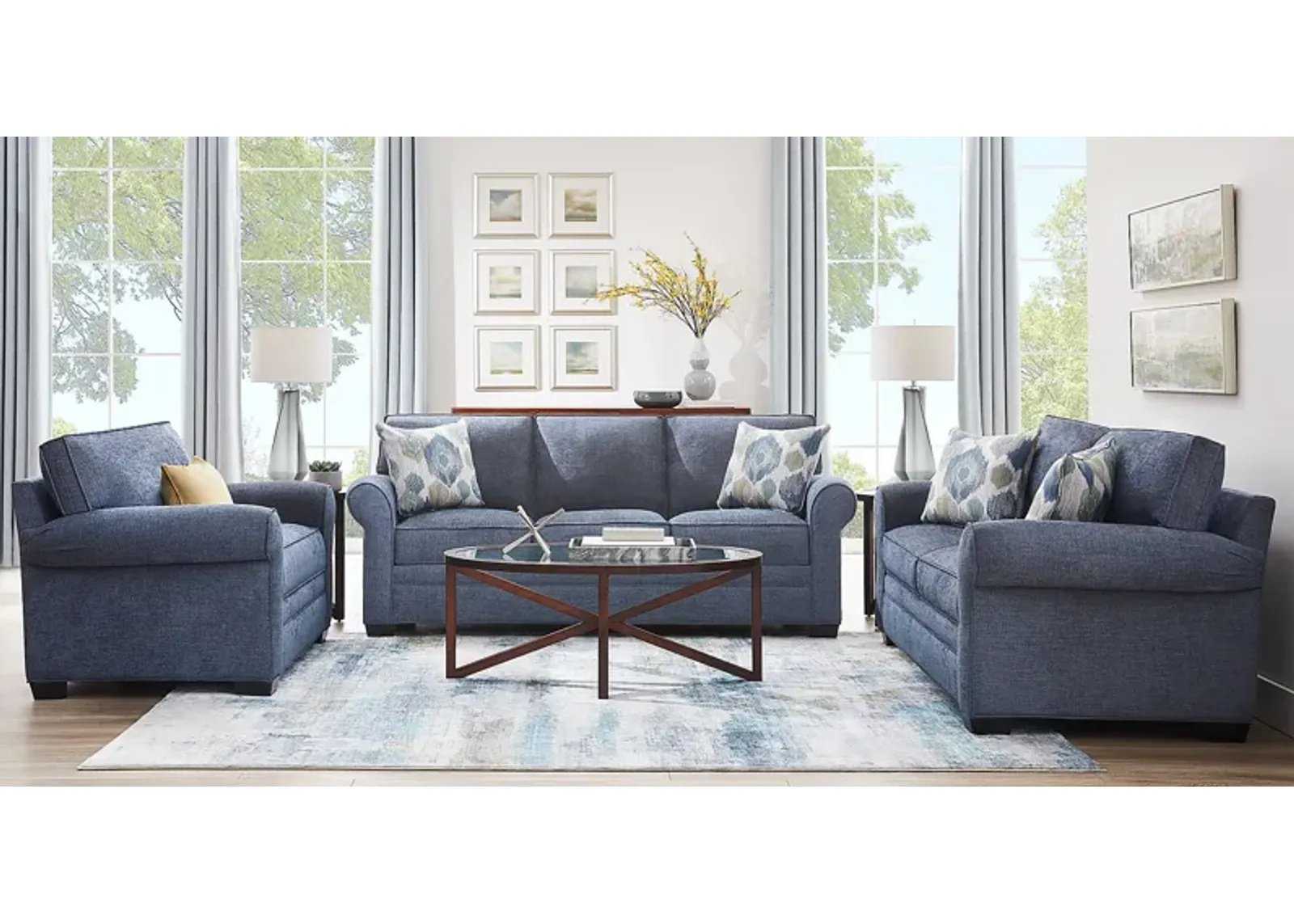 Bellingham Sapphire Textured Chenille 7 Pc Living Room w/ Gel Foam Sleeper Sofa