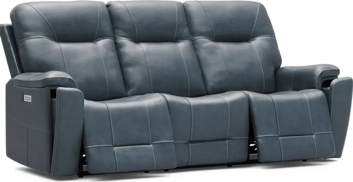 Matthews Cove Blue Leather Triple Power Reclining Sofa
