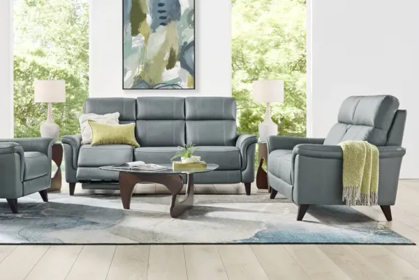 Antonella Blue Leather 7 Pc Living Room with Dual Power Reclining Sofa